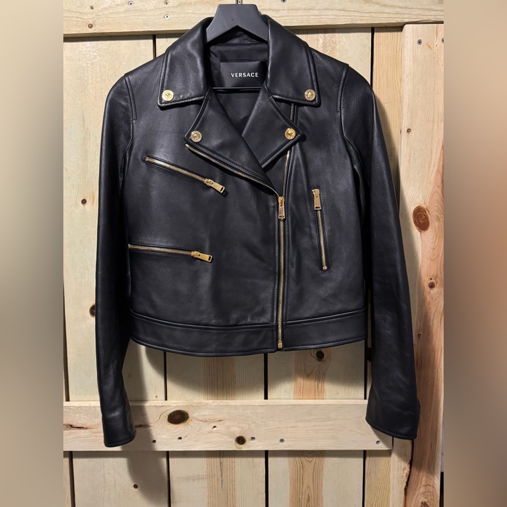 Versace Black Leather Jacket with Gold Accents